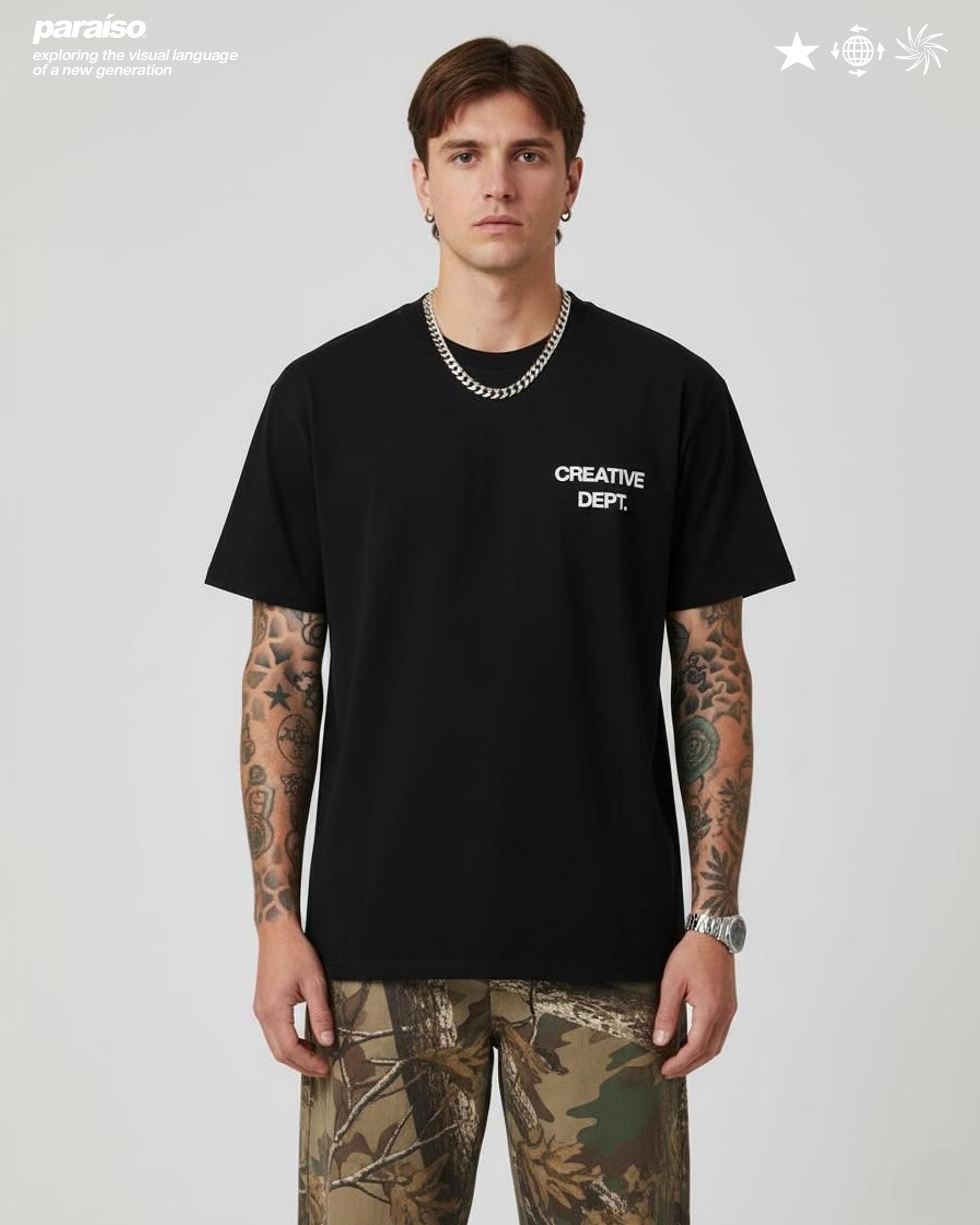 Paraiso Creative Dept T-Shirt - Streetwear Graphic Tee, Oversized Heavyweight Cotton, Y2K Aesthetic Clothing, Gift for Him, Street Style Logo Mashup of Paypal, Oakland, Rolls Royce, Amazon, Incredibles, Suzuki and Mercedes Benz.