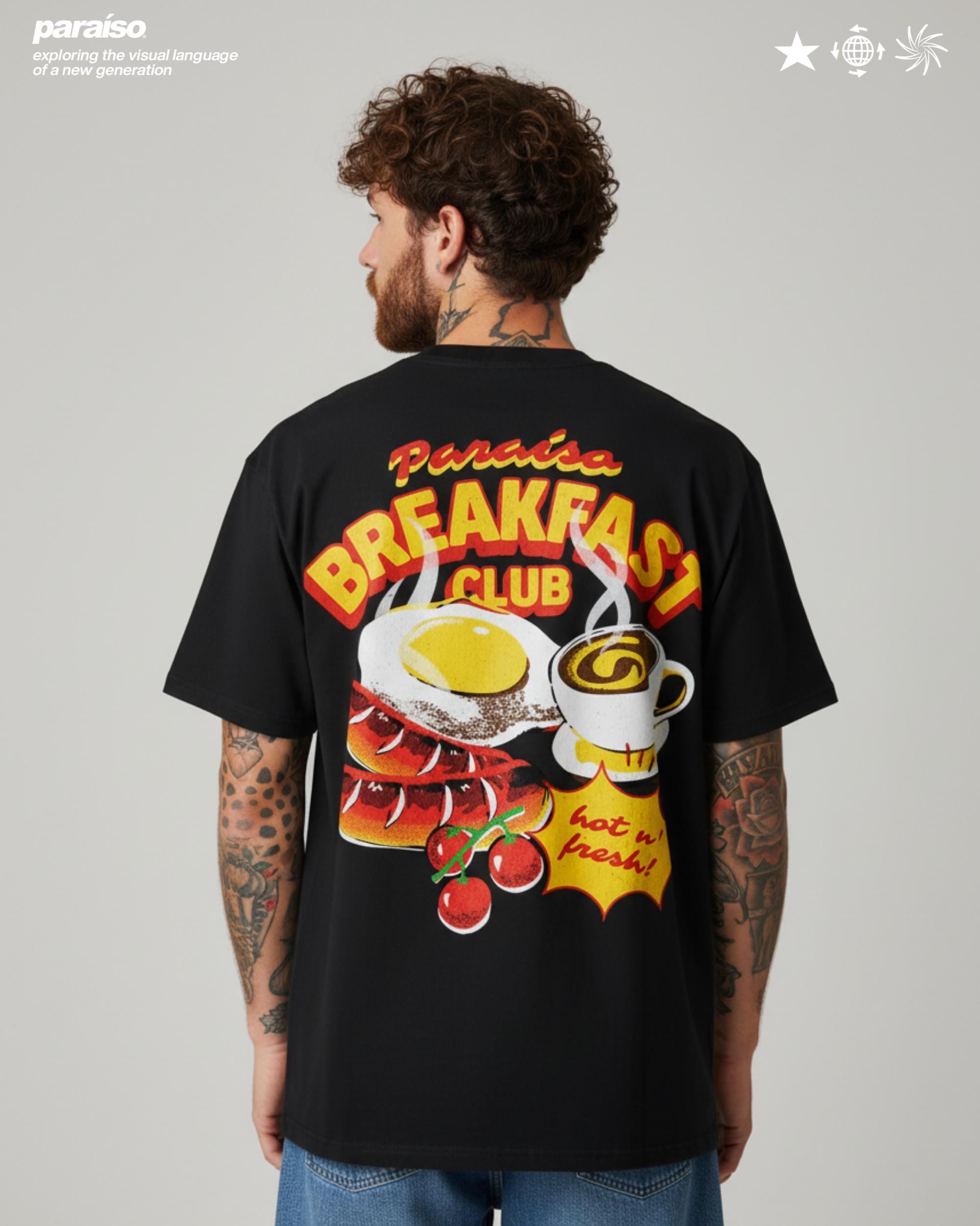 Paraíso Breakfast Club T-Shirt, Retro Graphic Streetwear Style and Oversized, Vintage Food Print Shirt, Animated Foodie Black Premium Tee, Eggs, Sausage, Coffee, Espresso, Cherrys, Brunch Style Black Heavyweight Tee