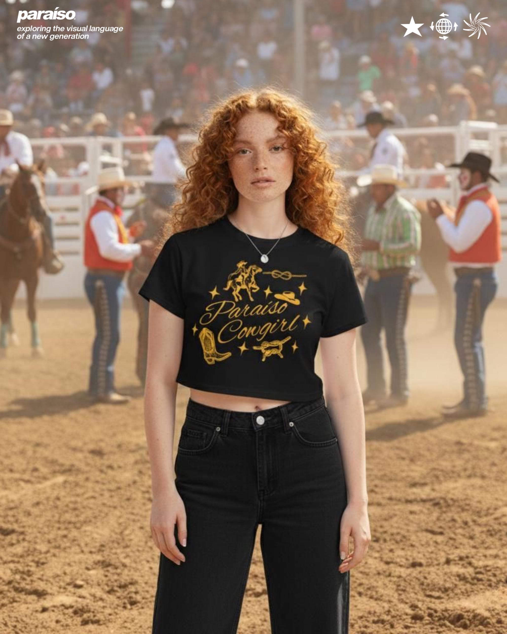Paraiso Cowgirl Crop Top – Western Rodeo Aesthetic Graphic Tee, Cute Country Girl Shirt, Y2K Cowgirl Top, Vintage Wild Horse Riding T-Shirt