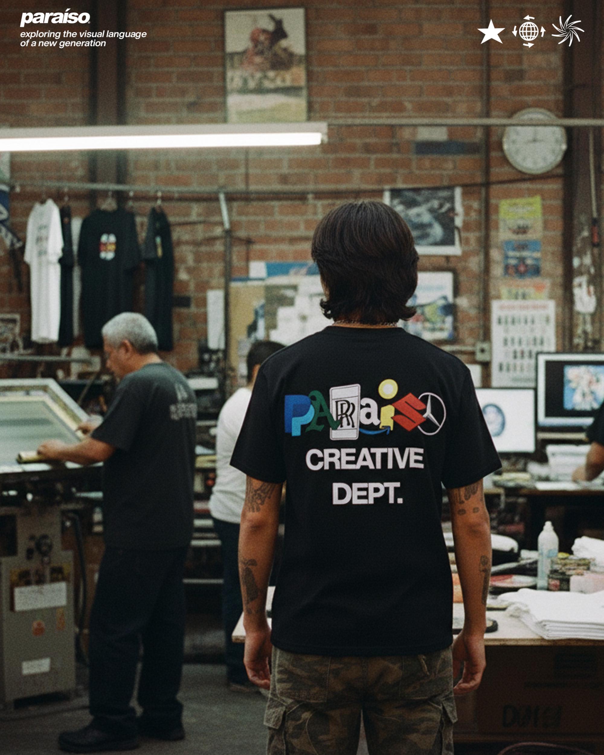 Paraiso Creative Dept T-Shirt - Streetwear Graphic Tee, Oversized Heavyweight Cotton, Y2K Aesthetic Clothing, Gift for Him, Street Style Logo Mashup of Paypal, Oakland, Rolls Royce, Amazon, Incredibles, Suzuki and Mercedes Benz.