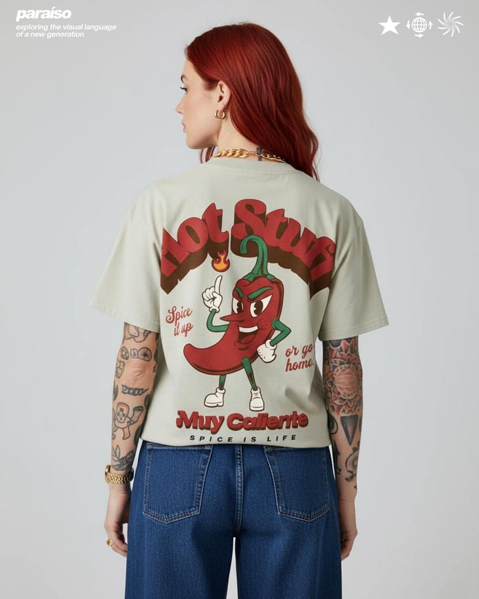 Hot Stuff Graphic T-Shirt - Funny Chili Pepper Cartoon Tee | Streetwear Oversized Shirt for Men | Spicy Retro Premium Vintage Style Top