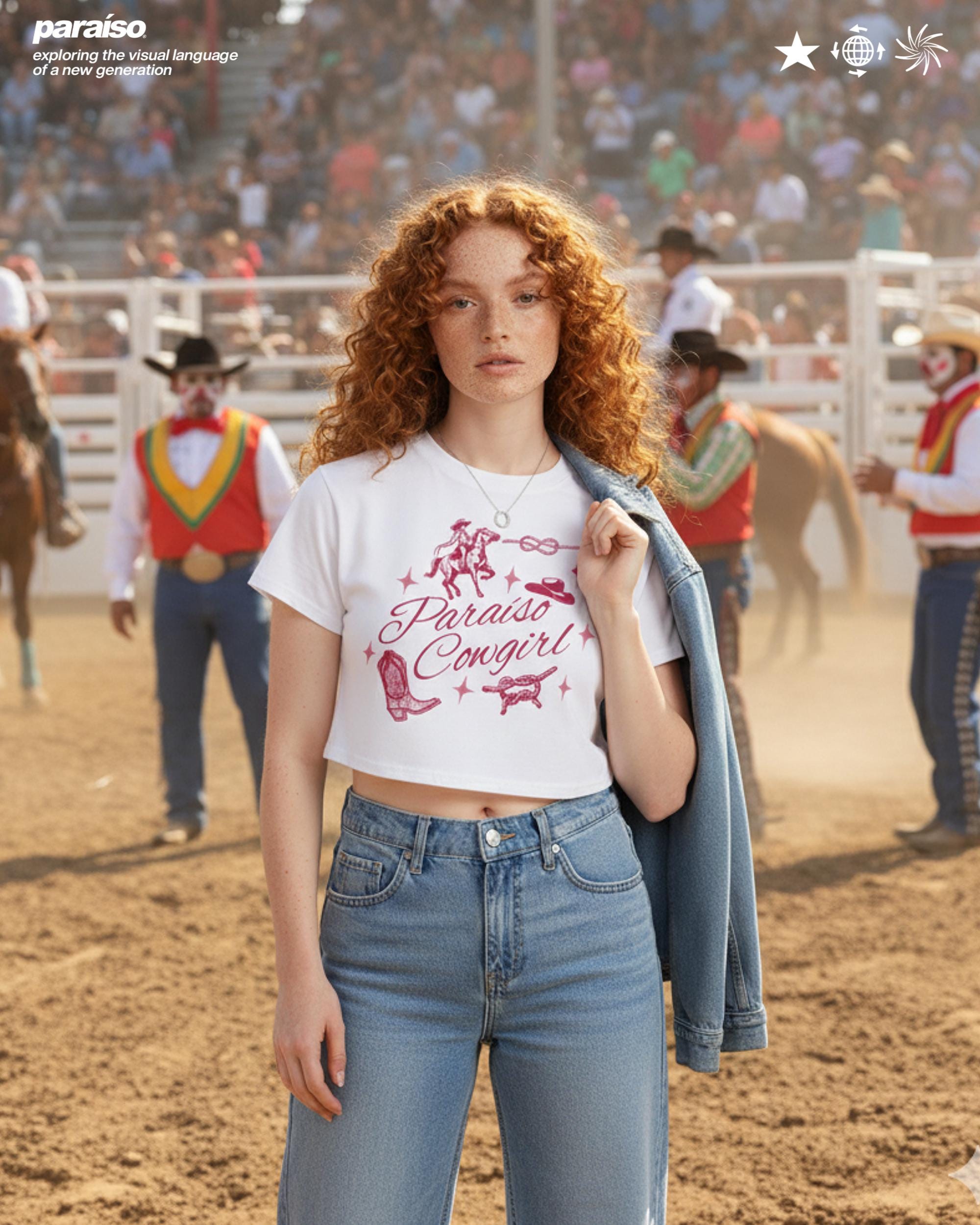 Paradise Cowgirl Crop Top – Western Rodeo Aesthetic Graphic Tee, Cute Country Girl Shirt, Y2K Cowgirl Top, Vintage Wild Horse Riding T-Shirt