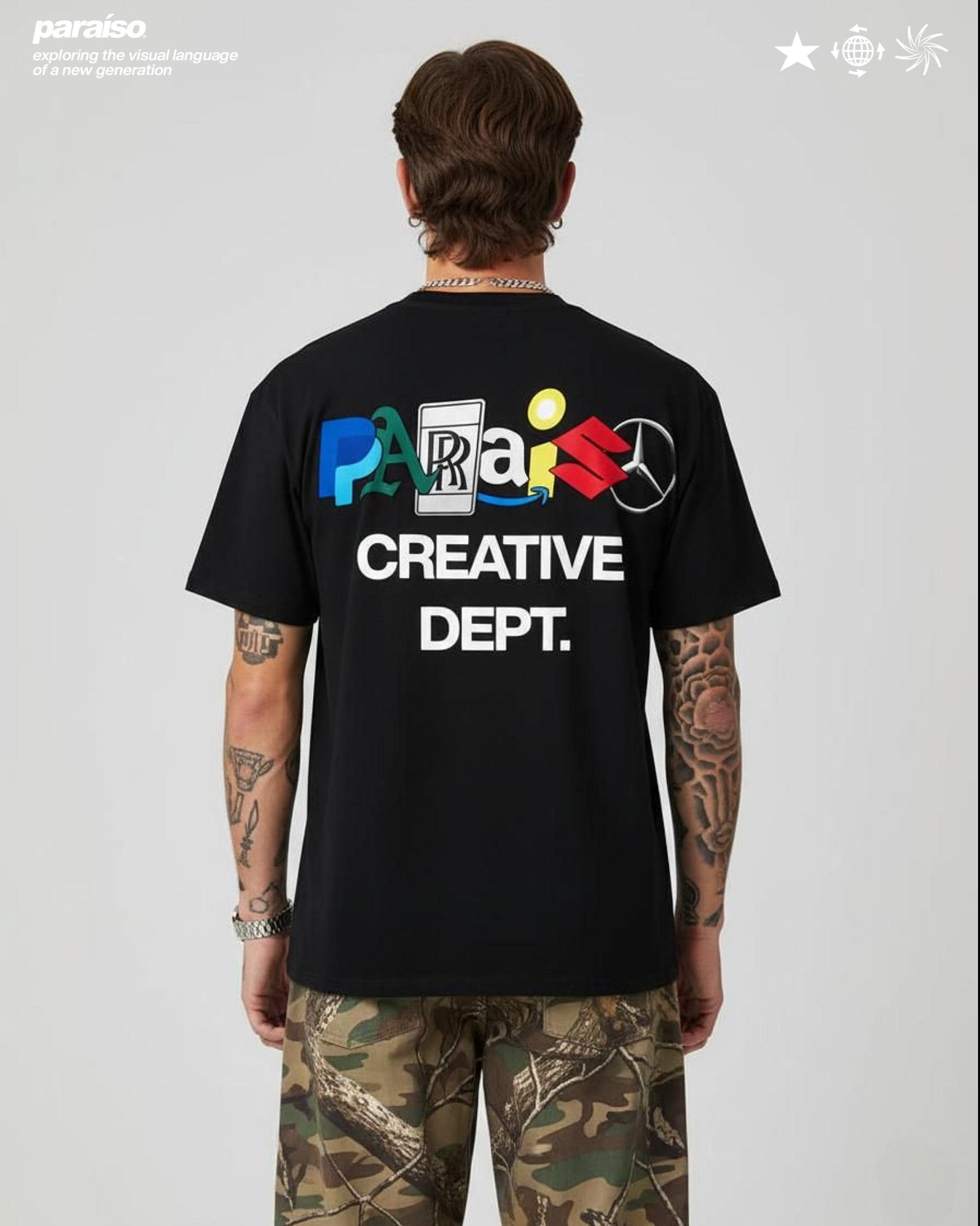 Paraiso Creative Dept T-Shirt - Streetwear Graphic Tee, Oversized Heavyweight Cotton, Y2K Aesthetic Clothing, Gift for Him, Street Style Logo Mashup of Paypal, Oakland, Rolls Royce, Amazon, Incredibles, Suzuki and Mercedes Benz.