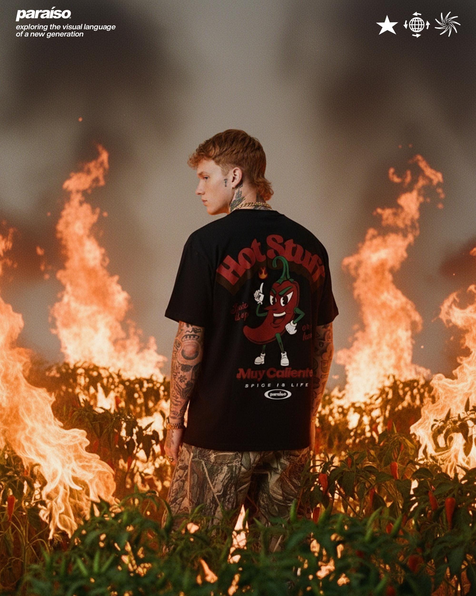Hot Stuff Graphic T-Shirt - Funny Chili Pepper Cartoon Tee Streetwear Oversized Shirt for Men Spicy Retro Premium Vintage Style Top