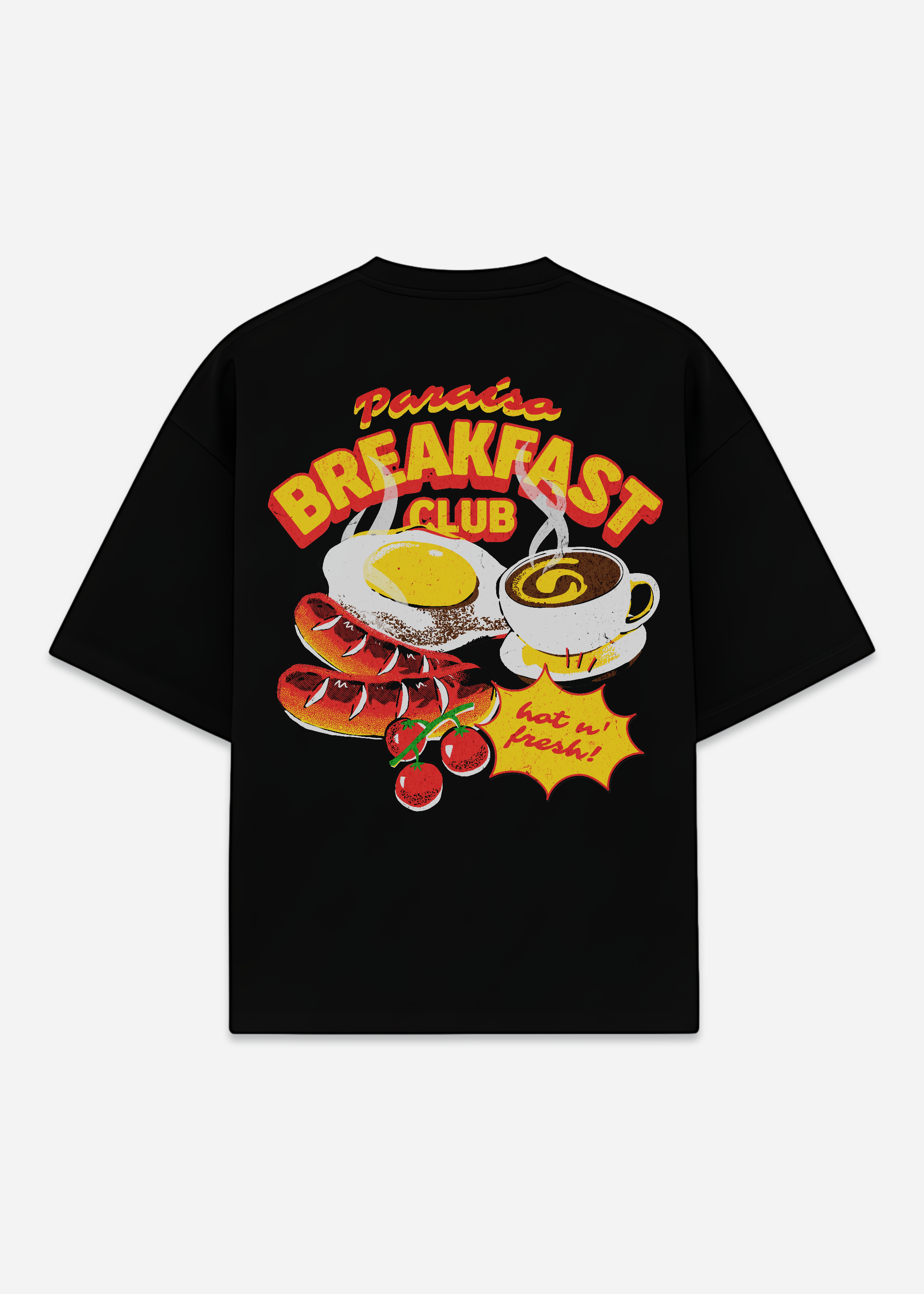 Paraíso Breakfast Club T-Shirt, Retro Graphic Streetwear Style and Oversized, Vintage Food Print Shirt, Animated Foodie Black Premium Tee, Eggs, Sausage, Coffee, Espresso, Cherrys, Brunch Style Black Heavyweight Tee