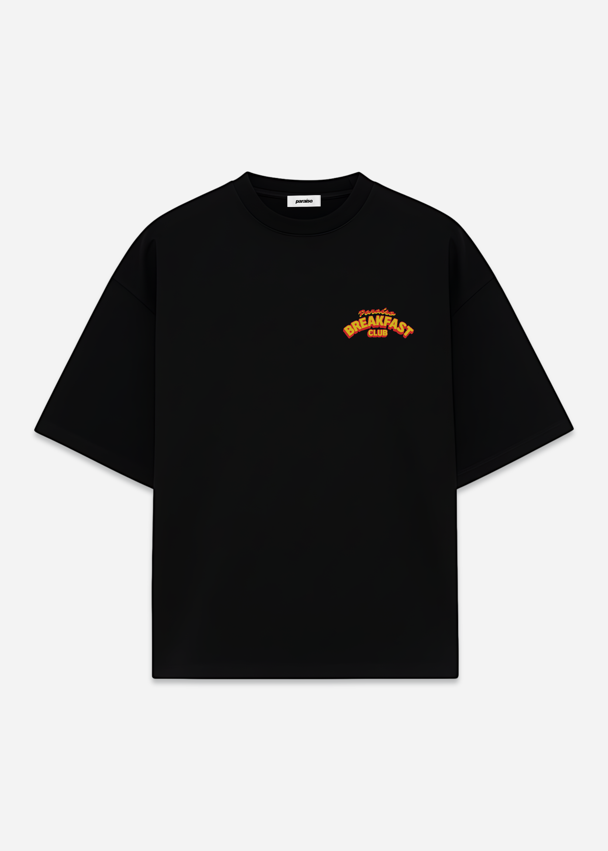 Paraíso Breakfast Club T-Shirt, Retro Graphic Streetwear Style and Oversized, Vintage Food Print Shirt, Animated Foodie Black Premium Tee, Eggs, Sausage, Coffee, Espresso, Cherrys, Brunch Style Black Heavyweight Tee