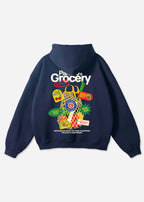 Paradise Grocery Hoodie – Navy Blue Oversized Streetwear Sweatshirt, Graphic Retro Market Print, Foodie Vegetables and Fruits Casual Hoodie
