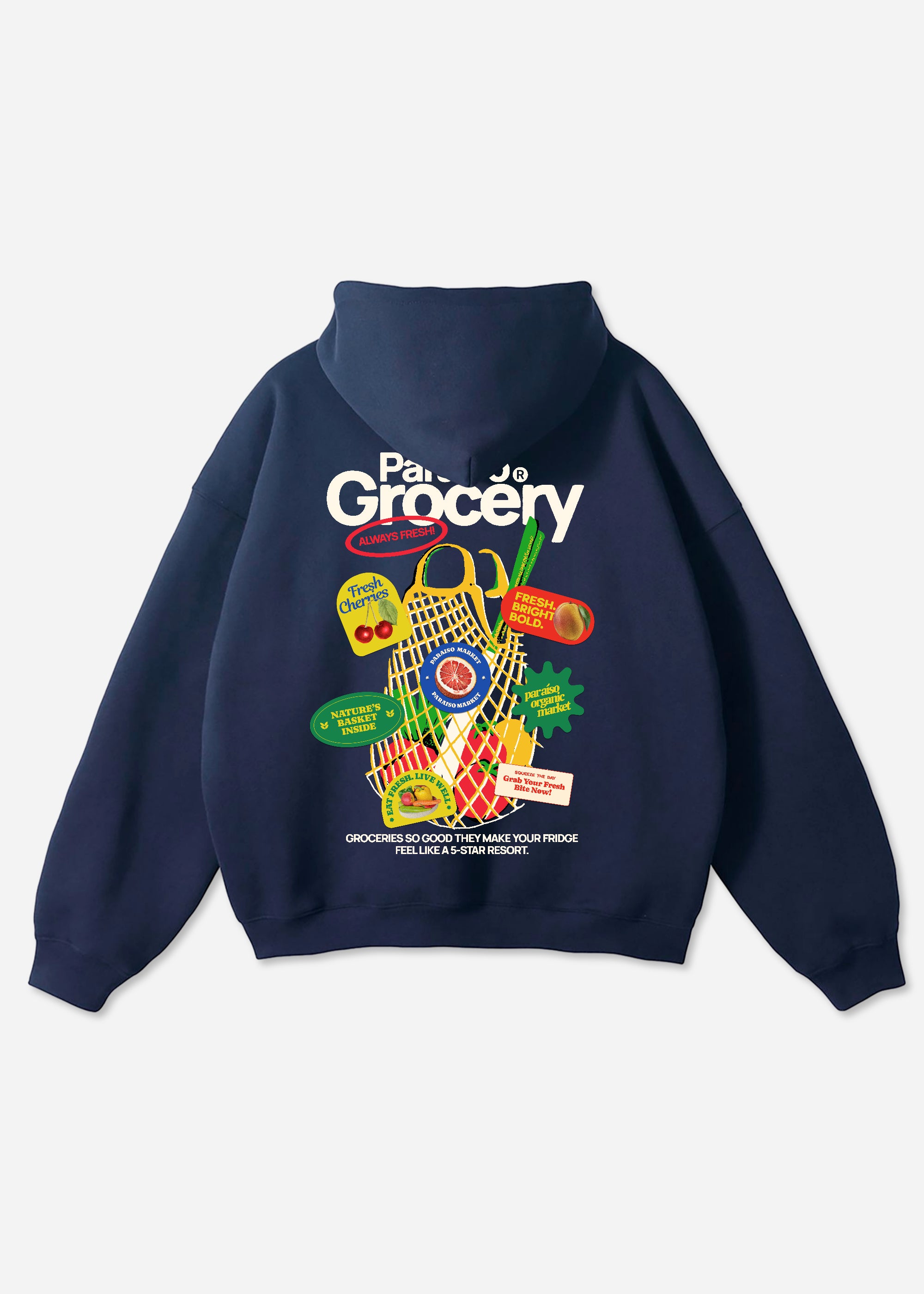 Paradise Grocery Hoodie – Navy Blue Oversized Streetwear Sweatshirt, Graphic Retro Market Print, Foodie Vegetables and Fruits Casual Hoodie