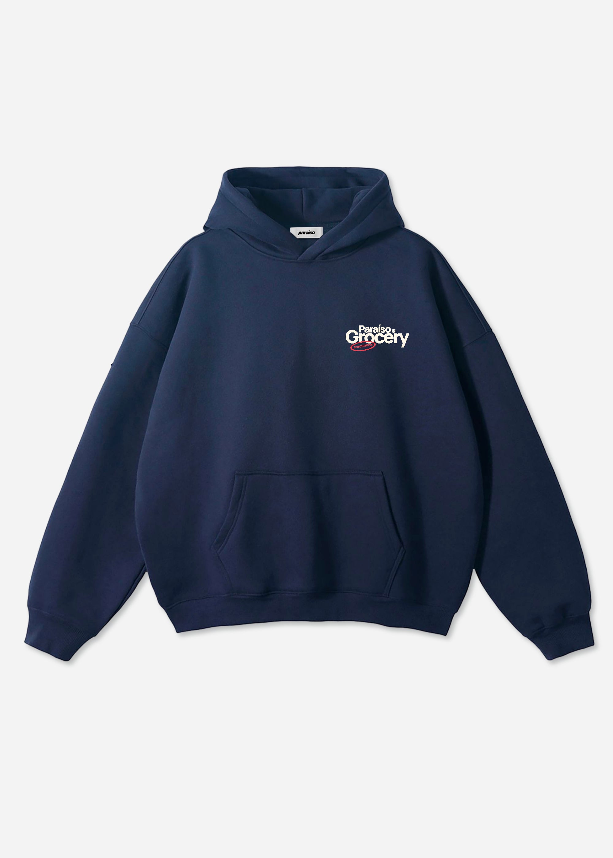 Paradise Grocery Hoodie – Navy Blue Oversized Streetwear Sweatshirt, Graphic Retro Market Print, Foodie Vegetables and Fruits Casual Hoodie