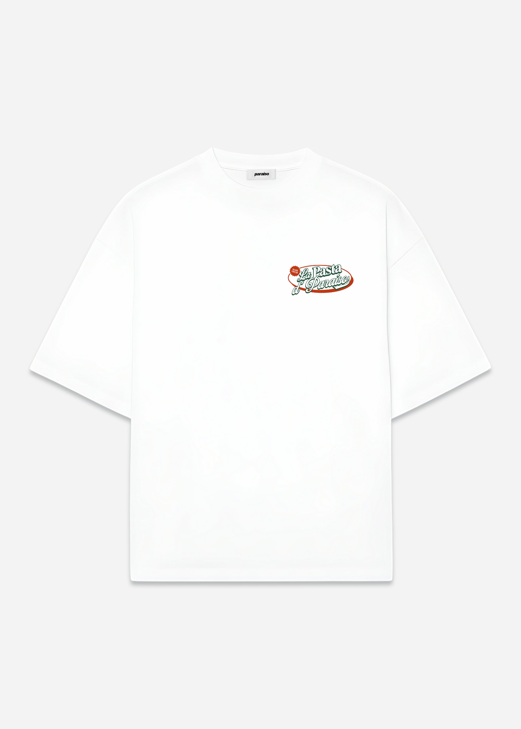La Pasta d’Paraíso White Heavyweight T-Shirt — Italian Food Graphic Tee, Vintage Tomato Retro Shirt, Pizza Pasta Streetwear Tee, Big Tomato on the back. Pomodoro Sauce, Spaguetti, Fettuccine, Rigatoni, Carbonara Tee.