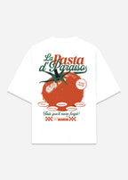 La Pasta d’Paraíso White Heavyweight T-Shirt — Italian Food Graphic Tee, Vintage Tomato Retro Shirt, Pizza Pasta Streetwear Tee, Big Tomato on the back. Pomodoro Sauce, Spaguetti, Fettuccine, Rigatoni, Carbonara Tee.