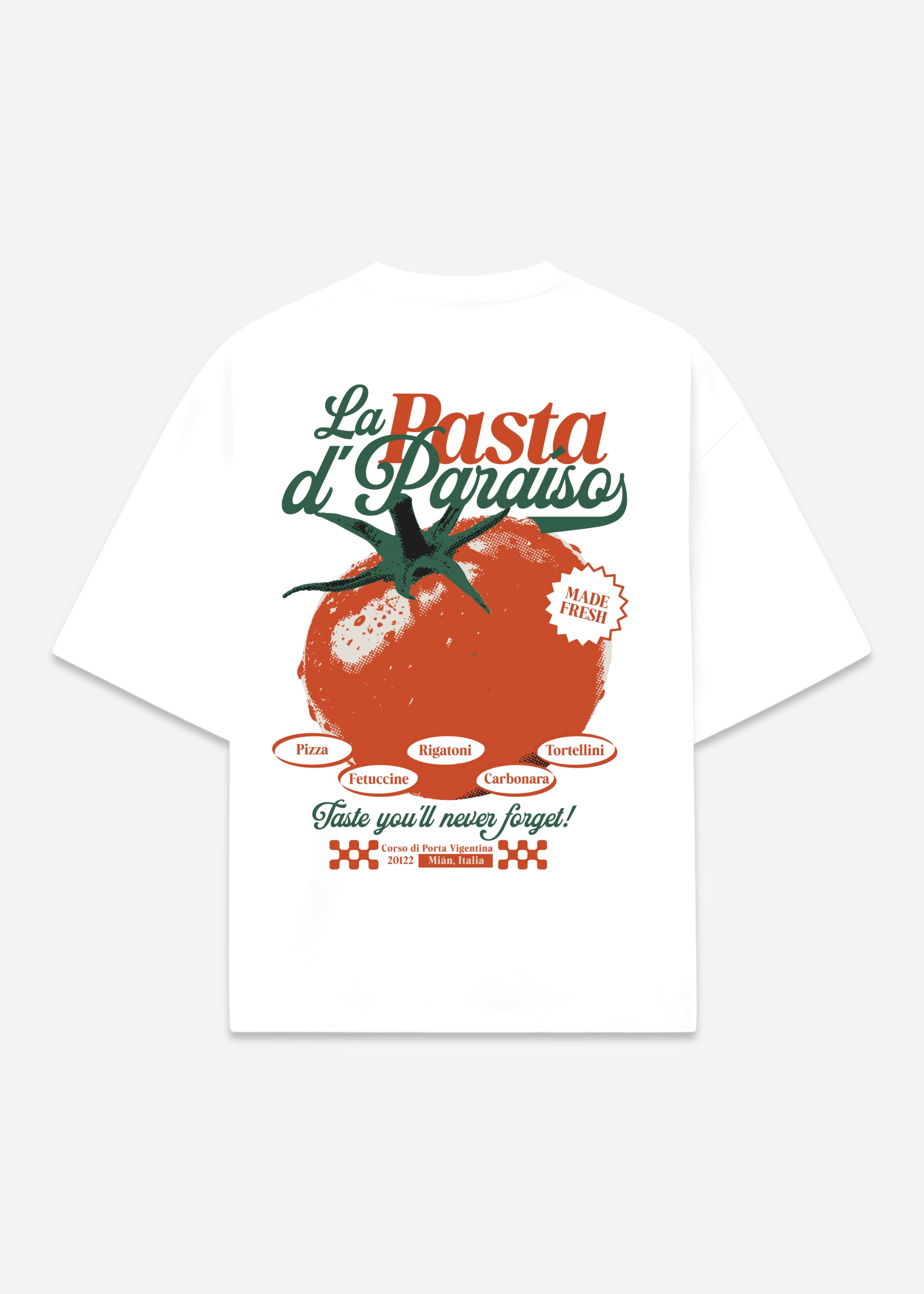 La Pasta d’Paraíso White Heavyweight T-Shirt — Italian Food Graphic Tee, Vintage Tomato Retro Shirt, Pizza Pasta Streetwear Tee, Big Tomato on the back. Pomodoro Sauce, Spaguetti, Fettuccine, Rigatoni, Carbonara Tee.