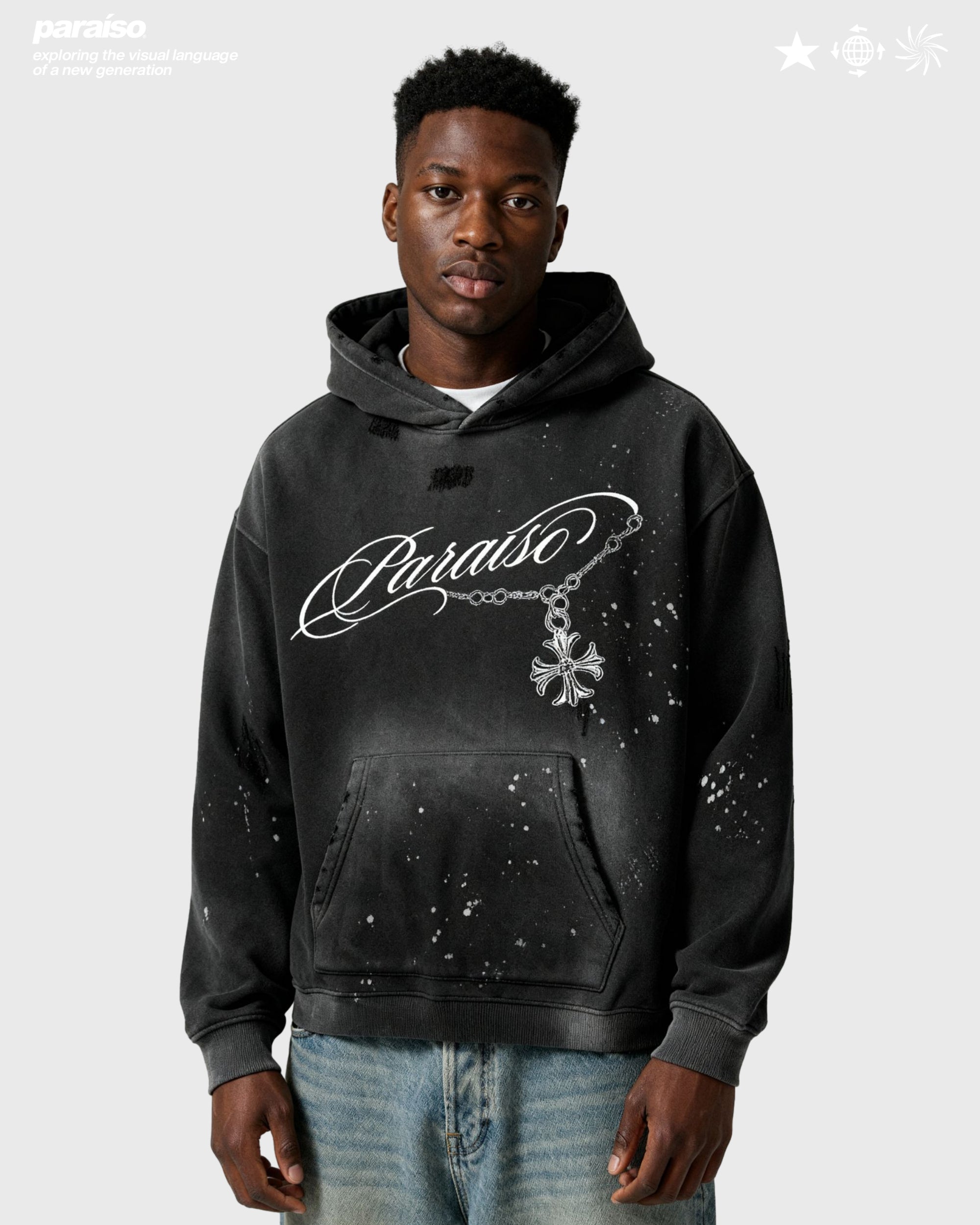 SILVER PENDANT DISTRESSED HOODIE