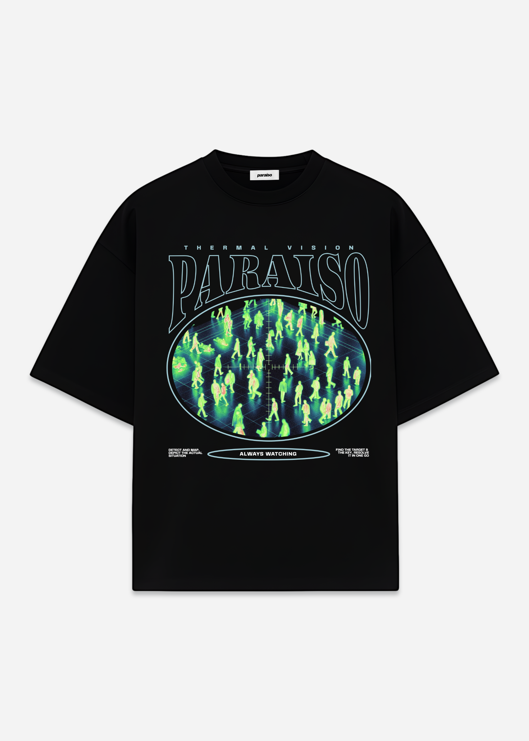 Presenting to you the Paraíso Thermal Vision oversized t-shirt. Featuring a bold neon thermal scan graphic and the slogan “Always Watching”, this statement piece fuses futuristic design with edgy streetwear energy. The oversized silhouette and heavyweight cotton create a premium look and feel, perfect for unisex styling in urban fashion.
