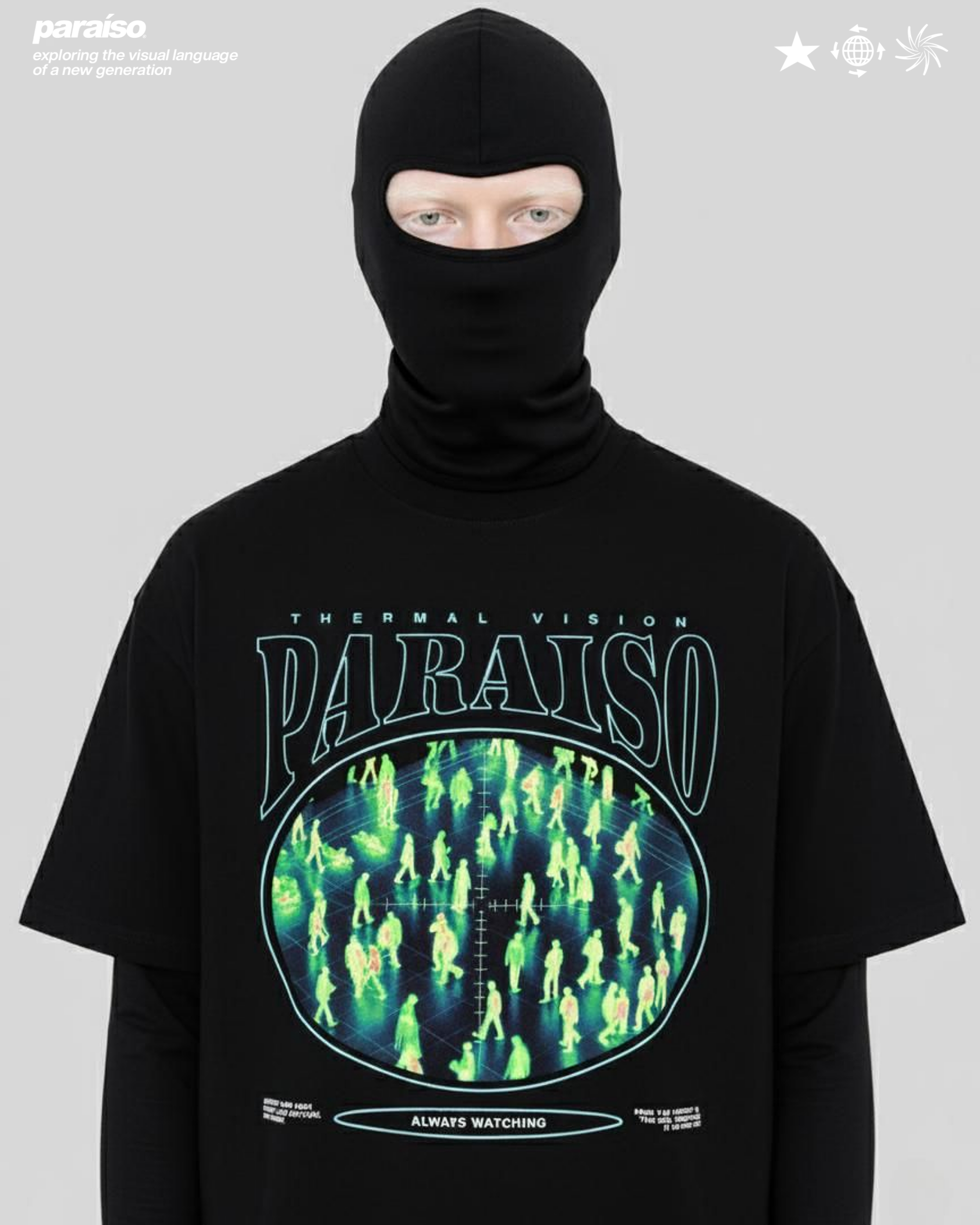 Presenting to you the Paraíso Thermal Vision oversized t-shirt. Featuring a bold neon thermal scan graphic and the slogan “Always Watching”, this statement piece fuses futuristic design with edgy streetwear energy. The oversized silhouette and heavyweight cotton create a premium look and feel, perfect for unisex styling in urban fashion.