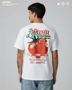 La Pasta d’Paraíso White Heavyweight T-Shirt — Italian Food Graphic Tee, Vintage Tomato Retro Shirt, Pizza Pasta Streetwear Tee, Big Tomato on the back. Pomodoro Sauce, Spaguetti, Fettuccine, Rigatoni, Carbonara Tee.