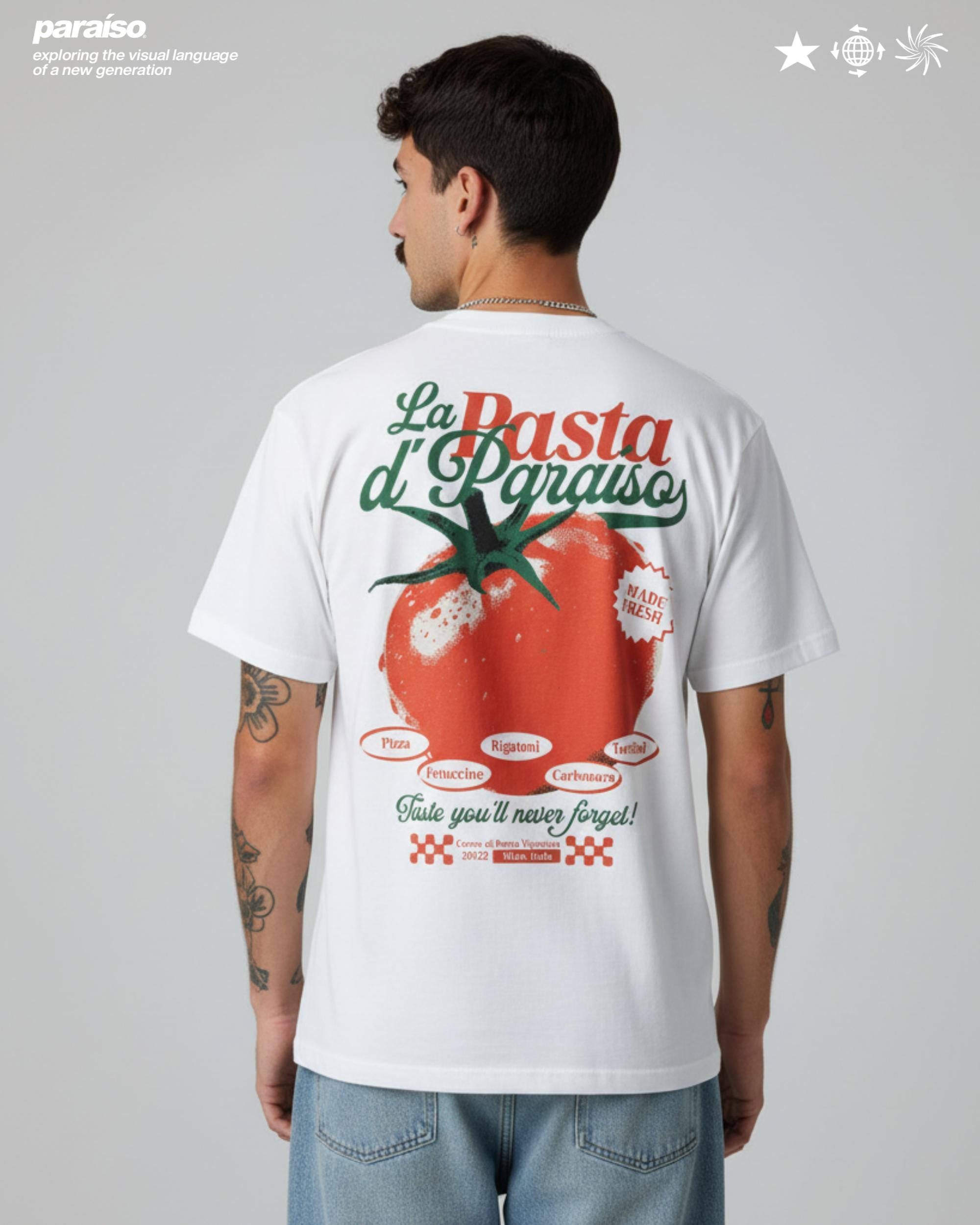 La Pasta d’Paraíso White Heavyweight T-Shirt — Italian Food Graphic Tee, Vintage Tomato Retro Shirt, Pizza Pasta Streetwear Tee, Big Tomato on the back. Pomodoro Sauce, Spaguetti, Fettuccine, Rigatoni, Carbonara Tee.
