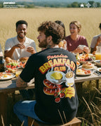 Paraíso Breakfast Club T-Shirt, Retro Graphic Streetwear Style and Oversized, Vintage Food Print Shirt, Animated Foodie Black Premium Tee, Eggs, Sausage, Coffee, Espresso, Cherrys, Brunch Style Black Heavyweight Tee