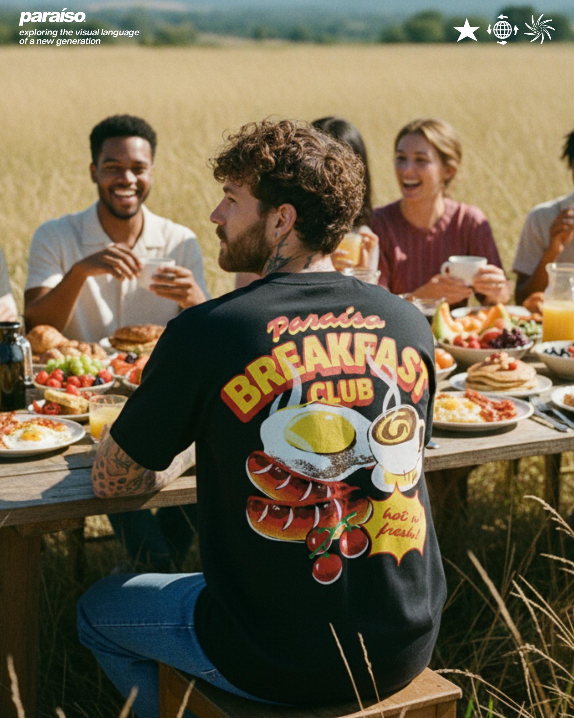 Paraíso Breakfast Club T-Shirt, Retro Graphic Streetwear Style and Oversized, Vintage Food Print Shirt, Animated Foodie Black Premium Tee, Eggs, Sausage, Coffee, Espresso, Cherrys, Brunch Style Black Heavyweight Tee