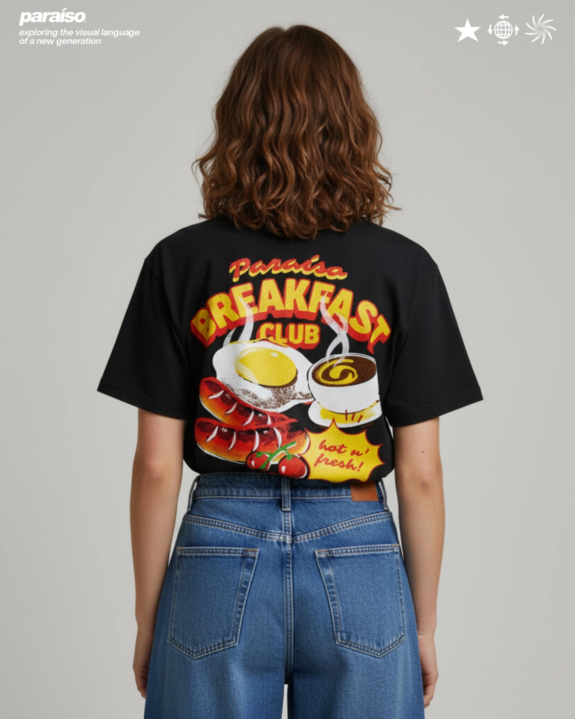 Paraíso Breakfast Club T-Shirt, Retro Graphic Streetwear Style and Oversized, Vintage Food Print Shirt, Animated Foodie Black Premium Tee, Eggs, Sausage, Coffee, Espresso, Cherrys, Brunch Style Black Heavyweight Tee
