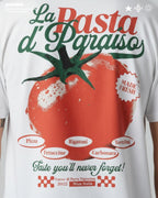 La Pasta d’Paraíso White Heavyweight T-Shirt — Italian Food Graphic Tee, Vintage Tomato Retro Shirt, Pizza Pasta Streetwear Tee, Big Tomato on the back. Pomodoro Sauce, Spaguetti, Fettuccine, Rigatoni, Carbonara Tee.