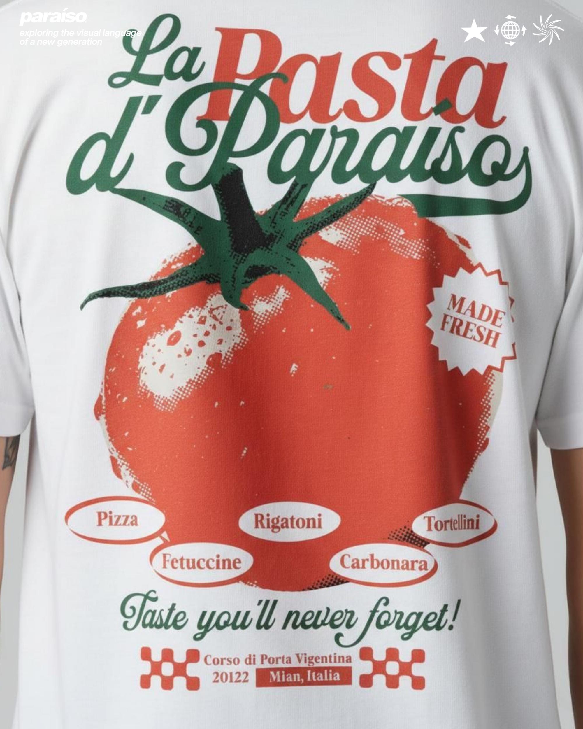 La Pasta d’Paraíso White Heavyweight T-Shirt — Italian Food Graphic Tee, Vintage Tomato Retro Shirt, Pizza Pasta Streetwear Tee, Big Tomato on the back. Pomodoro Sauce, Spaguetti, Fettuccine, Rigatoni, Carbonara Tee.
