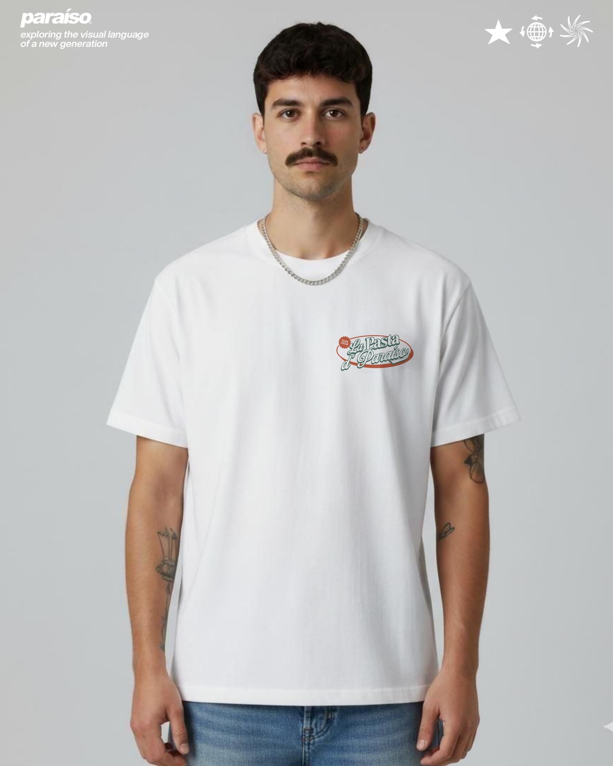La Pasta d’Paraíso White Heavyweight T-Shirt — Italian Food Graphic Tee, Vintage Tomato Retro Shirt, Pizza Pasta Streetwear Tee, Big Tomato on the back. Pomodoro Sauce, Spaguetti, Fettuccine, Rigatoni, Carbonara Tee.
